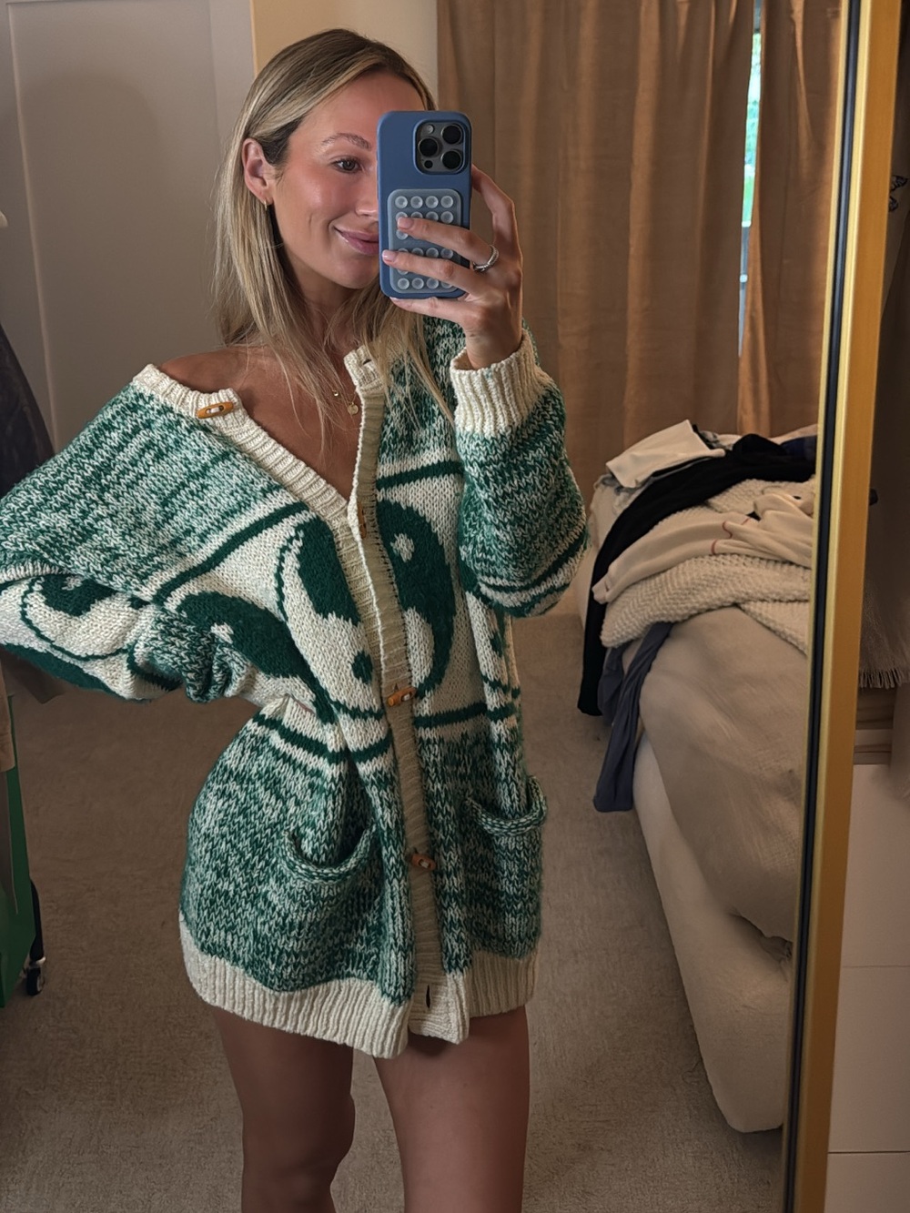 Mother - Green and Cream Yin Yang Knit Cardigan Sweater